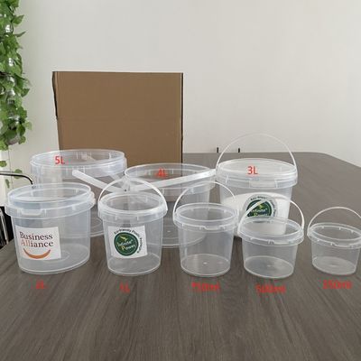 Impressão de tela de seda personalizada baldes de plástico 3L claros ou brancos com manilha de tampa de baldes